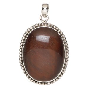 Pendant, red tigereye (heated) and antiqued sterling silver, 42x33mm beaded oval. Sold individually.