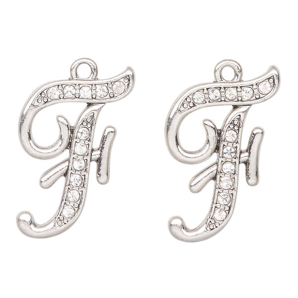 Charm, antique silver-finished "pewter" (zinc-based alloy) and glass, clear, 25x18mm letter "F". Sold per pkg of 2. image number 0