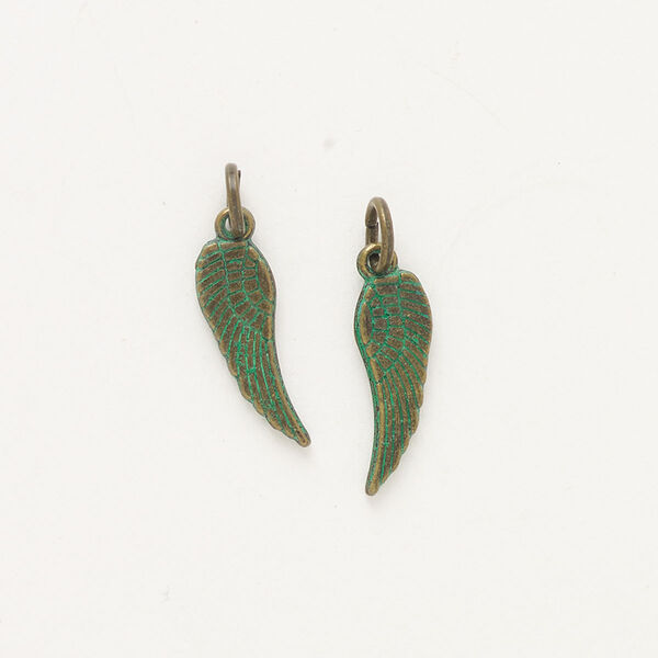 Charm, brass, pkg/2, antique silver finish green patina, 17x5mm double-sided wing. image number 0