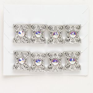Bead spacer "pewter" zinc-based alloy glass 8pk 13x12mm textured hourglass, silver finish clear AB fits up to 5.5mm beads