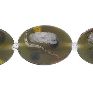 Bead, lampworked glass, clear and dark green with copper-colored glitter and silver-colored foil, 25x20mm puffed oval. Sold per 16-inch strand.