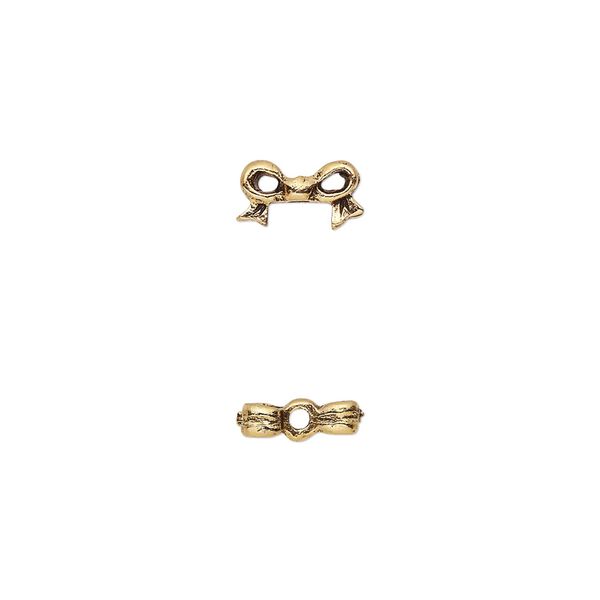 Bead, pewter (tin-based alloy), pkg/1, antique gold plate, 9x5mm double-sided bow, fits 4mm cube. image number 0