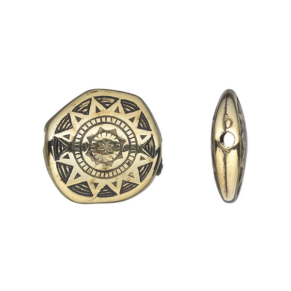 Bead, antiqued gold-finished copper-coated plastic, 18mm double-sided irregular round with sun design. Sold per 50-gram pkg, approximately 40 beads. image number 0
