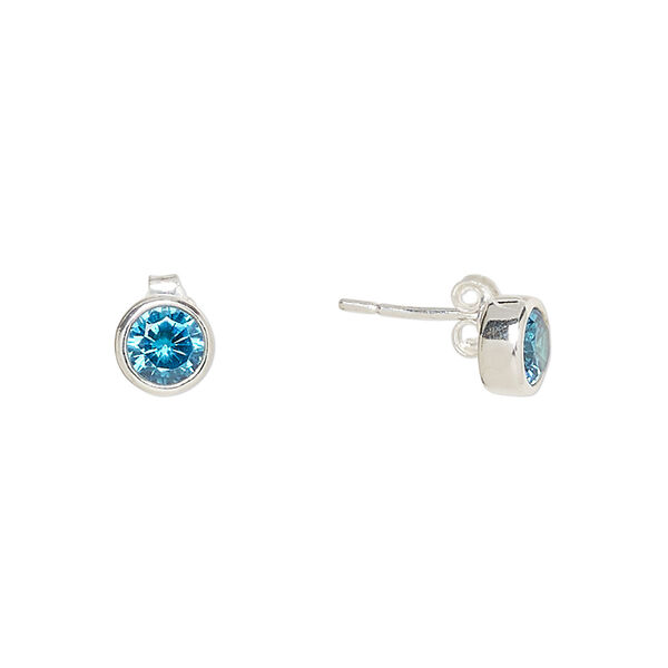 Earstud, Create Compliments®, cubic zirconia and sterling silver, sky blue topaz, 6.5mm round. Sold per pair. image number 0