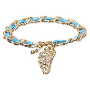 Bracelet, nylon / Czech glass rhinestone / gold-finished steel / "pewter" (zinc-based alloy), blue and clear, 8mm wide with 39x15.5mm wing, 7 inches with 1-inch extender chain and lobster claw clasp. Sold individually.