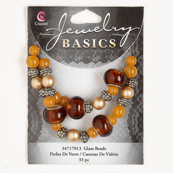 Bead assortment, silver- and antique silver-finished  "pewter" (zinc-based alloy) / glass / acrylic pearl, amber / orange / light gold, 6-8mm round / 7x5mm beaded rondelle / 14x10mm large-hole rondelle. Sold per pkg of 32. image number 0