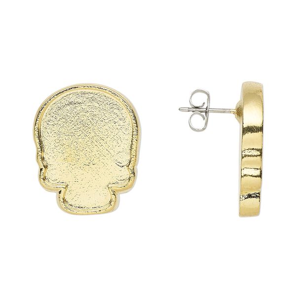 Earstud 1pkg2 Almost Instant Jewelry® "pewter" (zinc-based alloy) gold-plated, 20x16mm skull / 18x14mm flat back skull glue-in setting / earnuts, stainless steel 1 pair image number 0