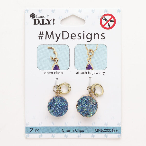 Drop, steel / brass / druzy agate (dyed), pkg/2, gold finish / blue / green, 19x15mm round with snap lock bail. image number 0