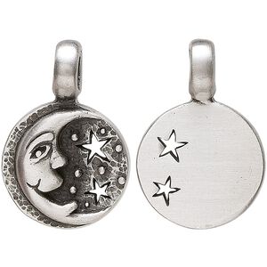 Pendant, "pewter" (zinc-based alloy), 35x24mm round with moon and stars. Sold individually.