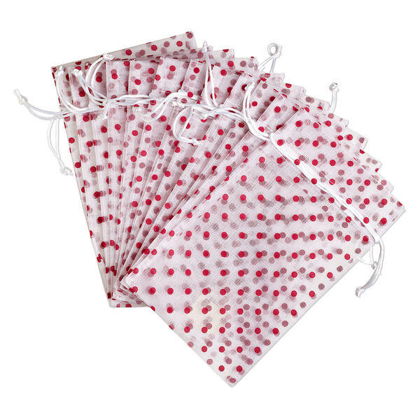 Pouch, flocked organza, white and red, 10x6 inches with dots pattern and drawstring closure. Sold per pkg of 12. image number 0