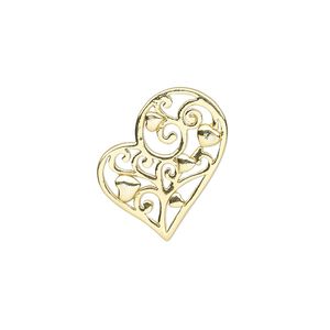 Component, gold-finished sterling silver, 20x18mm single-sided heart with cutout design. Sold individually.