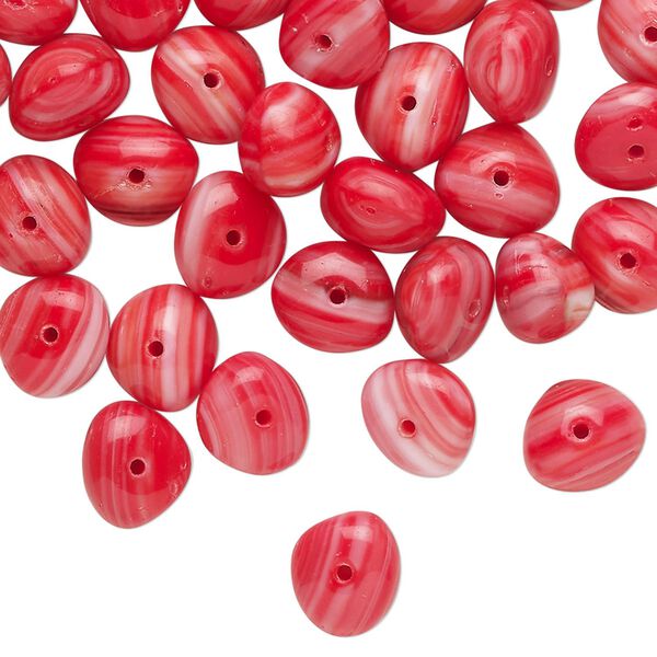 Bead, Czech glass, translucent red and white, 9x7mm-9x8mm freeform rondelle with swirl design. Sold per 1-ounce pkg, approximately 60 beads. image number 0