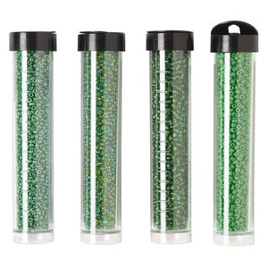 Seed bead assortment, Ming Tree™, glass, pkg/(4) 4 x 3/4 inch vials, #11 round, opaque and translucent silver-lined rainbow green.