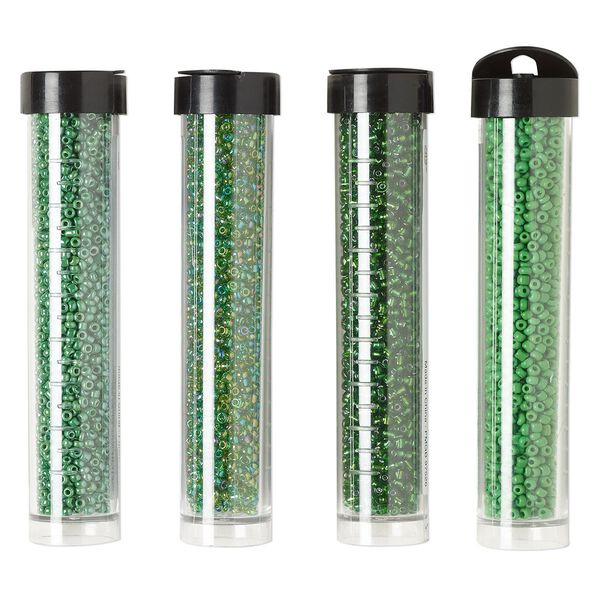 Seed bead assortment, Ming Tree™, glass, pkg/(4) 4 x 3/4 inch vials, #11 round, opaque and translucent silver-lined rainbow green. image number 0