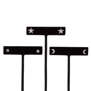 Earring, glass rhinestone / stainless steel / rose gold-finished steel / "pewter" (zinc-based alloy), clear, 4x4mm round / 8x5mm moon / 10x10mm star with post. Sold per pkg of 3 pairs.
