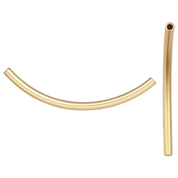 Bead, gold-plated brass with satin finish, 38x2mm curved tube. Sold per pkg of 100. image number 0