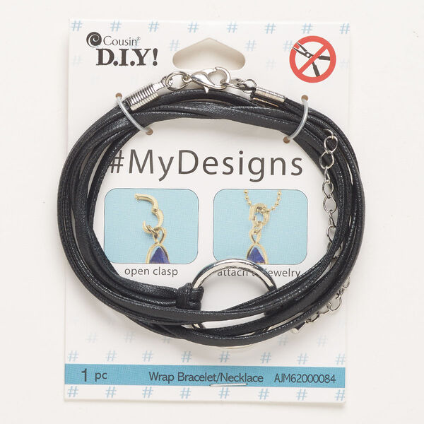 Necklace, "pewter" (zinc-based alloy) / steel / leather, pkg/21 inches, silver finish and black, 23mm open round / lobster claw clasp / 3-inch extender chain. image number 0