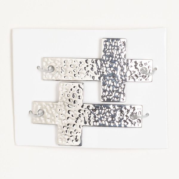 Focal, silver-finished "pewter" (zinc-based alloy), 49x28.5mm curved hammered cross with 2 holes. Sold per pkg of 2. image number 0