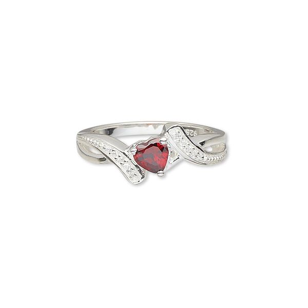 Ring, garnet (natural) / cubic zirconia / sterling silver, clear, 9mm wide with 5x5mm faceted heart, size 7. Sold individually. image number 0
