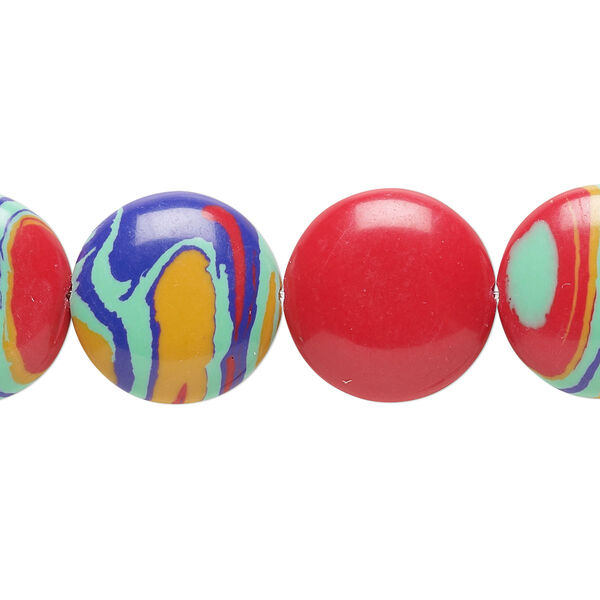 Bead, resin, multicolored, 16mm flat round with swirls. Sold per 15" to 16" strand. image number 0
