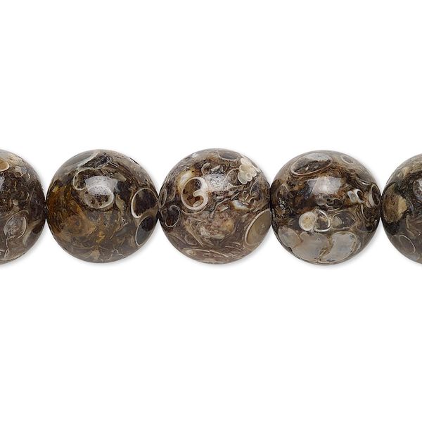 Bead, turritella agate (stabilized), 12mm round, B grade, Mohs hardness 6-1/2 to 7. Sold per 15-1/2" to 16" strand. image number 0