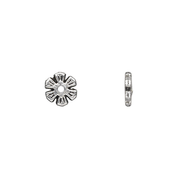 Bead, antique silver-plated "pewter" (zinc-based alloy), 8x1mm double-sided flat flower rondelle. Sold per pkg of 100. image number 0