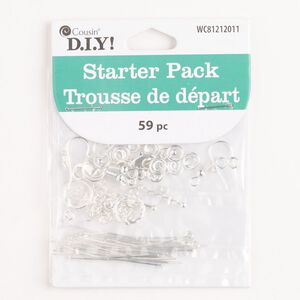 Finding and chain starter kit assortment, brass and steel, pkg/1, silver finish, mixed sizes and shapes.