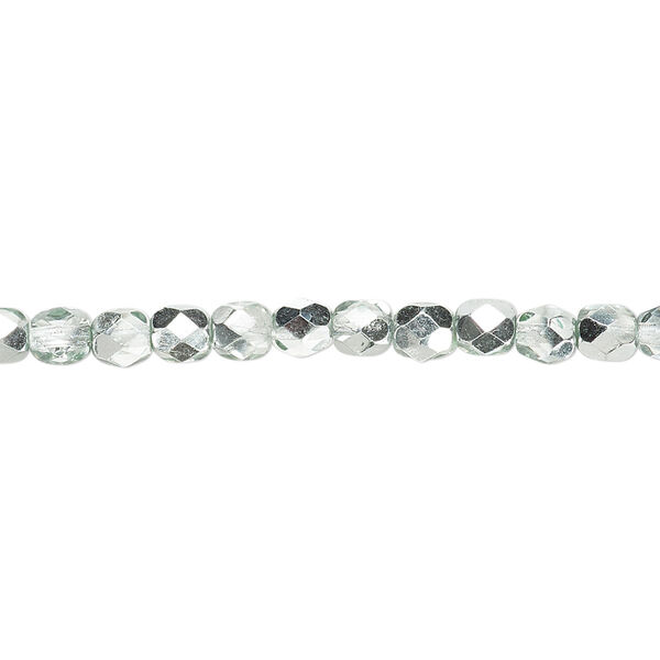 Bead, Czech fire-polished glass, clear with half-coat metallic icy teal, 4mm faceted round. Sold per 15-1/2" to 16" strand. image number 0