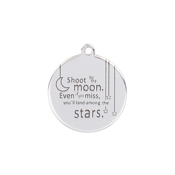 Drop, enamel and sterling silver, black, 20mm single-sided round with "Shoot for the moon. Even if you miss, you'll land among the stars" and half moon. Sold individually. image number 0
