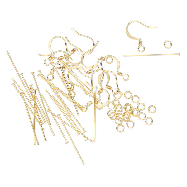 Earring finding assortment, gold-plated brass, (12) 16mm 22-gauge fishhook ear wires, (24) 1-1/8 inch 22-gauge head pins, (24) 4mm round 22-gauge jump rings. Sold per set. image number 0