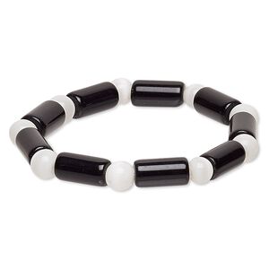 Bracelet, stretch, glass and cat's eye glass, opaque white and black, 7-8mm round and 14x7mm-15x8mm round tube, 7 inches. Sold individually.