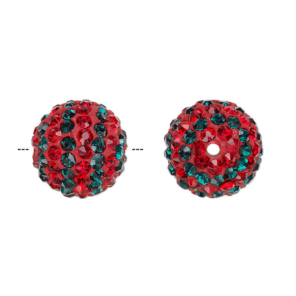 Bead, Egyptian glass rhinestone / epoxy / resin, red and dark green, 14mm round with pavé striped design. Sold individually. image number 0