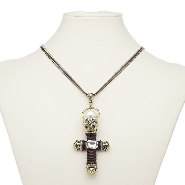 Necklace, acrylic pearl / glass / glass rhinestone / cotton cord / gold-finished brass / steel / "pewter" (zinc-based alloy), brown / clear / white, 3-1/2 x 1-3/4 inch cross with skull, 36 inches with 2-inch extender chain and lobster claw clasp. Sold individually. image number 0