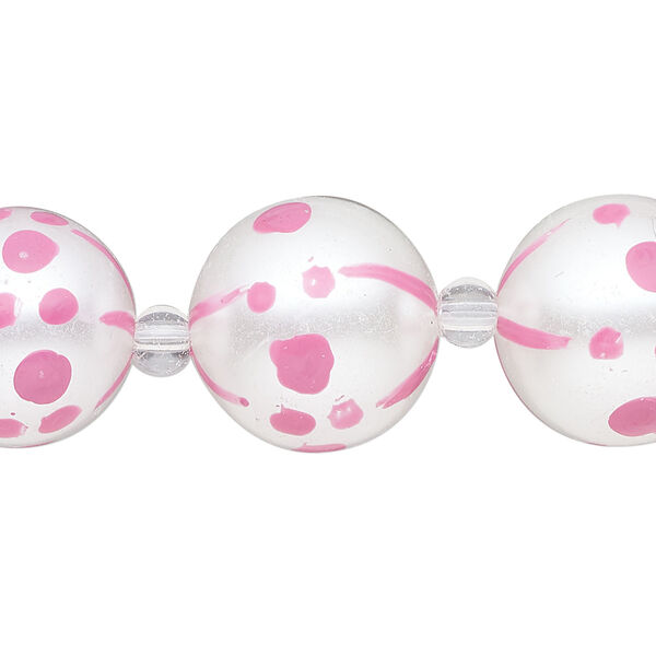 Bead, glass 1pkg8, opaque pink and white, 16mm hand-painted round. image number 0