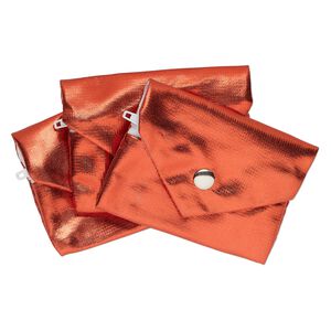 Pouch, metallic nylon, red, 3x2.5-inches with snap and zipper. Sold per pkg of 3.