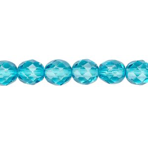 Bead, Czech fire-polished dipped décor glass, turquoise blue, 8mm faceted round. Sold per 15-1/2" to 16" strand, approximately 50 beads.