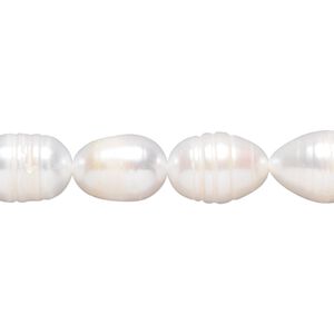 Pearl, cultured freshwater (bleached), white, 9-11mm rice, D- grade, Mohs hardness 2-1/2 to 4. Sold per 14-inch strand.