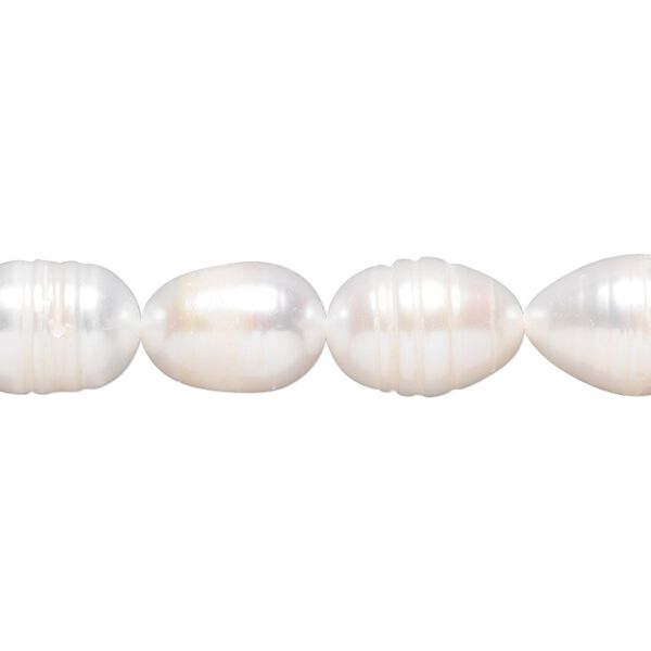 Pearl, cultured freshwater (bleached), white, 9-11mm rice, D- grade, Mohs hardness 2-1/2 to 4. Sold per 14-inch strand. image number 0