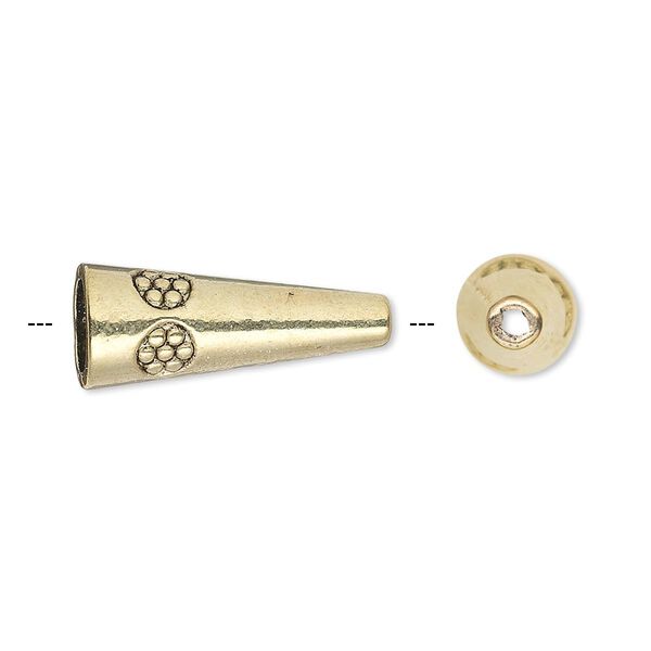 Cone, antique gold-finished "pewter" (zinc-based alloy), 21x8mm with flower design, 6mm inside diameter. Sold per pkg of 20. image number 0