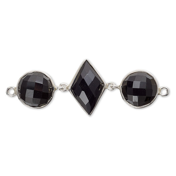 Link, black onyx (dyed) and sterling silver, 40x16mm single-sided with 11mm faceted round and 16x11mm faceted diamond. Sold individually. image number 0