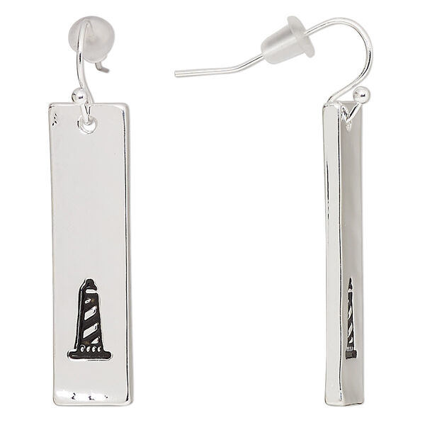 Earring, antique silver-finished "pewter" (zinc-based alloy), 40mm fishhook with 33.5x9mm rectangle with lighthouse design, 21 gauge. Sold per pair. image number 0