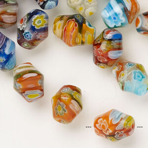 Bead 1pkg1 millefiori glass, opaque and translucent mixed colors, 11x9mm-12x10mm double cone, 2 ounce.