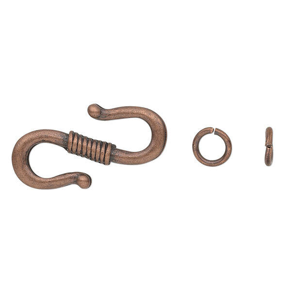 Clasp, S-hook, antique copper-finished "pewter" (zinc-based alloy), 23x14mm double-sided with rope wrap design and 6mm jump ring. Sold per pkg of 12. image number 0