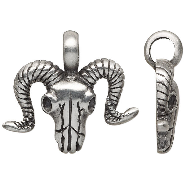 Pendant, antiqued pewter (tin-based alloy), 37x34mm single-sided ram skull. Sold individually. image number 0