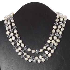 Necklace, 3-strand, cultured freshwater pearl (bleached) / glass / silver-plated brass, clear and white, rondelle, 17 inches with lobster claw clasp. Sold individually.