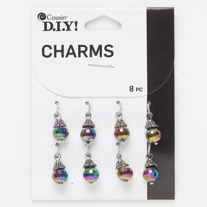 Drop, silver-finished "pewter" (zinc-based alloy) and glass, peacock, 12x8mm round. Sold per pkg of 8.