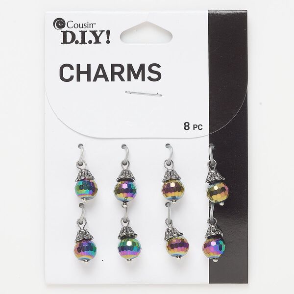 Drop, silver-finished "pewter" (zinc-based alloy) and glass, peacock, 12x8mm round. Sold per pkg of 8. image number 0