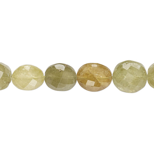Bead, grossularite garnet (natural), 8-10mm hand-cut faceted puffed flat round, B grade, Mohs hardness 6-1/2 to 7-1/2. Sold per 8-inch strand, approximately 20 beads. image number 0