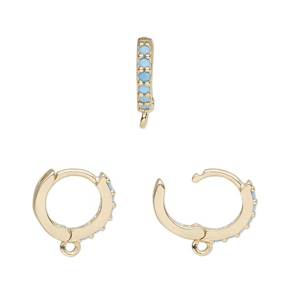 Hoop, gold-finished brass and glass, turquoise blue, 13mm hoop, 17 gauge. Sold per pair. image number 0
