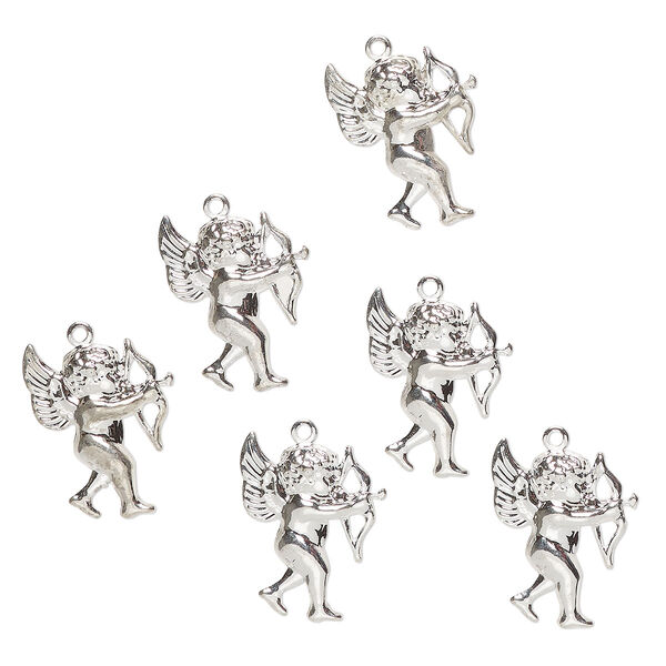 Charm, steel, pkg/6, 21x15mm cupid, silver finish. image number 0
